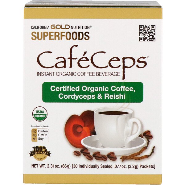 California Gold Nutrition, CafeCeps, Organic Instant Coffee with Cordyceps and Reishi Mushroom, 30 Packets, .077 oz (2.2 g) Each