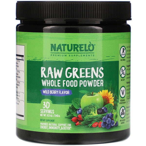 NATURELO, Raw Greens, Whole Food Powder, Wild Berry Flavor, 8.5 oz (240 g)