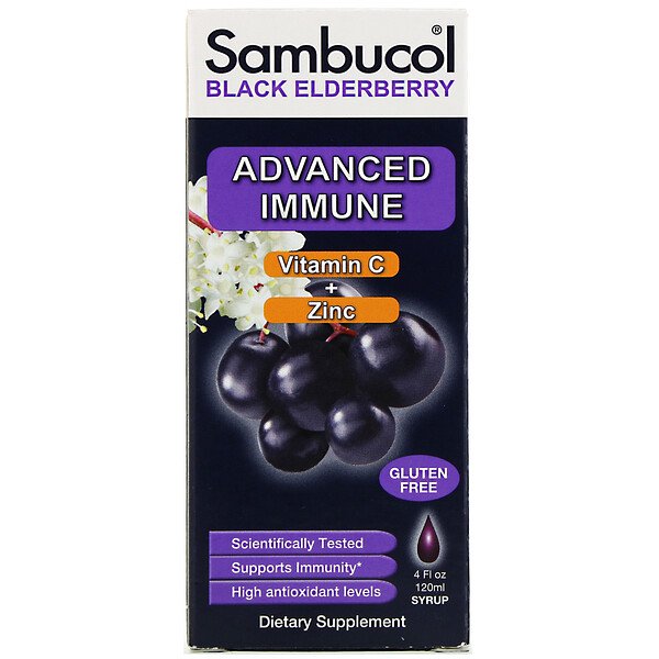 Sambucol, Black Elderberry Syrup, Advanced Immune, Vitamin C + Zinc, Natural Berry, 4 fl oz (120 ml)