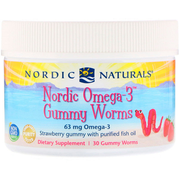 Nordic Naturals, Nordic Omega-3 Gummy Worms, Strawberry Gummy, 63 mg, 30 Gummy Worms