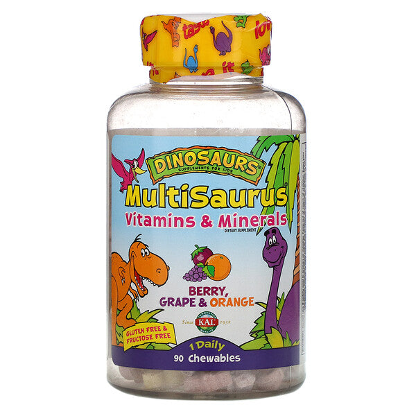 KAL, Dinosaurs, MultiSaurus, Vitamins & Minerals, Berry, Grape & Orange, 90 Chewables